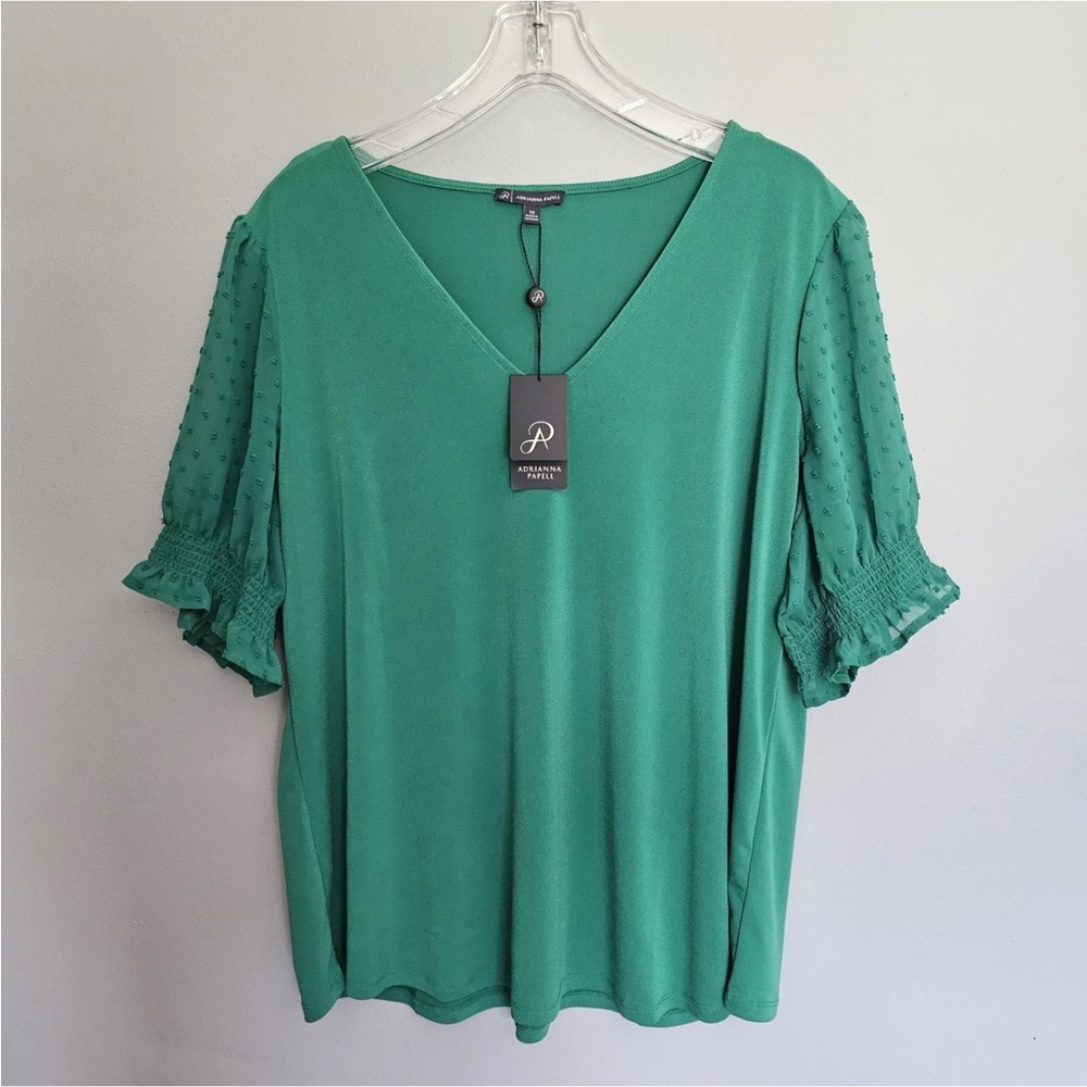Adrianna Papell Top Kelly Green Knit Crepe Dot Smocked Sheer Puff Sleeve L, NWT